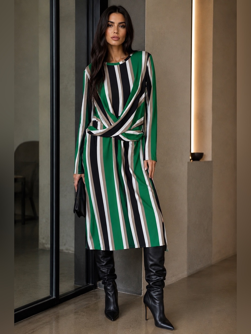 Zara Collection Green Black Striped Wrap Front Belted Midi Dress Size S / US 4